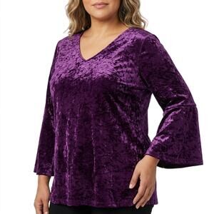 Prelude Purple Velvet Bell Sleeve V-Neck Top Women See Measurements